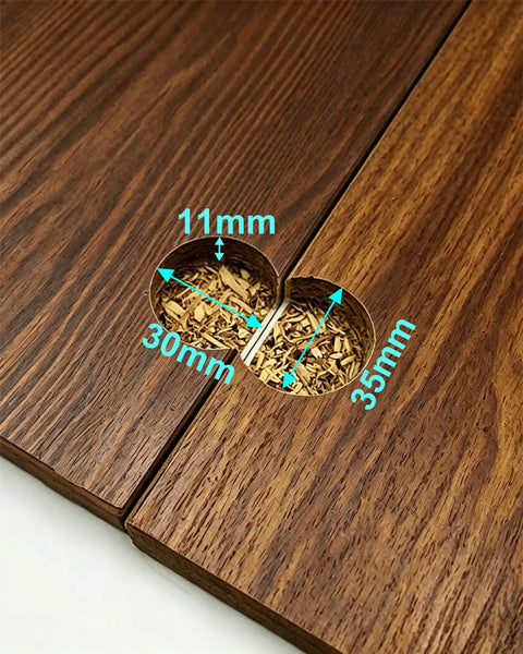 Four Pack Heavy Duty Concealed Hinges Sleek Flush Mount Setup cutouts in wood showing hinge dimensions for installation.