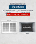 Measurement guide for 20x14 Duct Opening Steel Return Air Grille With Removable Door For 1-Inch Filters, white vent grille shown.