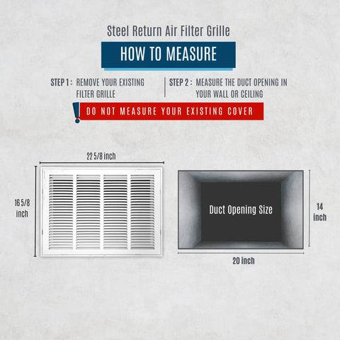 Measurement guide for 20x14 Duct Opening Steel Return Air Grille With Removable Door For 1-Inch Filters, white vent grille shown.
