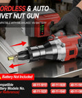 Cordless Rivet Nut Gun for Milwaukee 18V Battery in use on metal surface, emphasizing tool's compatibility and features.