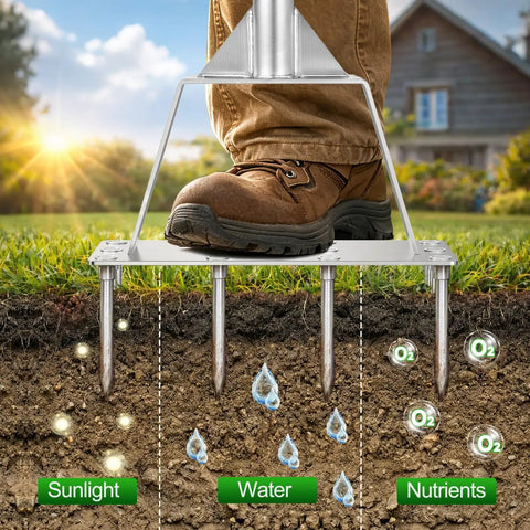 Beefy Heavy Duty Stainless Steel Lawn Aerator Tool With 12 Spikes Semi Assembled Handheld Spike Aerator shown loosening soil
