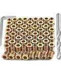 80 Pcs Wood Threaded Inserts Set for DIY Furniture, 1/4-20 Screw-In Nuts, drill bit, and hex key for pre-drilled hole installation.