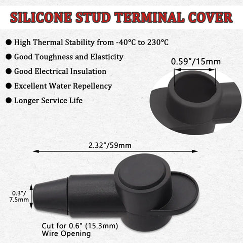 Silicone stud terminal cover measuring 2.32 inches for secure electrical insulation and water repellency.