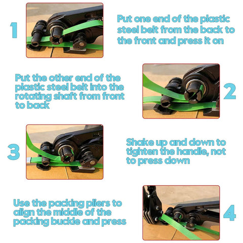 Heavy Duty Strapping Tensioner Sealer And Cutter Kit For One Half To Three Quarters Inch Polyester Polypropylene Straps Lake Blue Manual Packing Tools Set Built Tough For Pro Grade Wrapping, black strap tool on green plastic strap