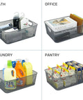Six Pack Wire Storage Baskets Set, Durable Metal Mesh Organizers In Gray For Kitchen, Laundry, Garage, Fridge And Bath, Two Sizes shown with various items.