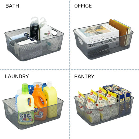 Six Pack Wire Storage Baskets Set, Durable Metal Mesh Organizers In Gray For Kitchen, Laundry, Garage, Fridge And Bath, Two Sizes shown with various items.