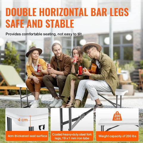 People sitting on Six Foot Plastic Folding Bench Set With Handles, Portable HDPE Waterproof Outdoor Seating For Picnics
