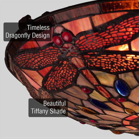 Close-up of Dope Tiffany Style 16 Inch Flush Mount Ceiling Light With Dragonfly Pattern Black Finish showcasing art glass shade
