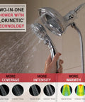 4-Spray H2Okinetic In2ition 2-In-1 Dual Handheld Shower Head with hose, magnetic docking, showing water spray, chrome finish.