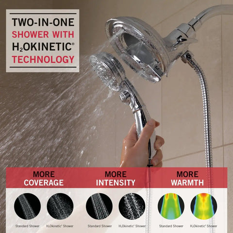 4-Spray H2Okinetic In2ition 2-In-1 Dual Handheld Shower Head with hose, magnetic docking, showing water spray, chrome finish.