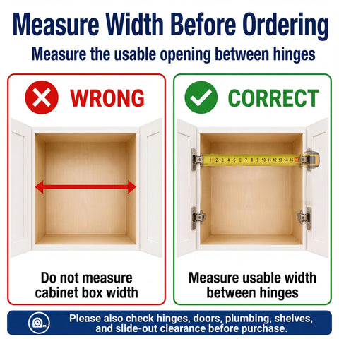 Image demonstrating cabinet measurement tips for Soft Close Pull Out Cabinet Organizer 22.5 Inch Wide By 21 Inch Deep Wood Drawer Shelf.