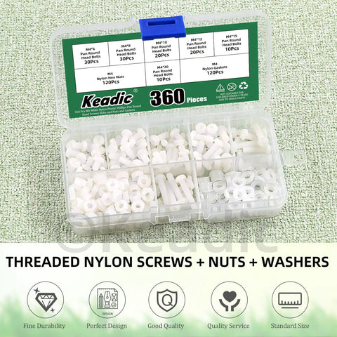 M4 White Nylon Pan Head Screw Kit featuring 360 pieces in clear box with hex nuts and flat washers for home maintenance.