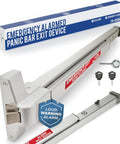 Beefed Up Panic Bar Exit Device With Alarm For Busy Doors FS 850A shown with box, keys, and mounting hardware. Steel construction.