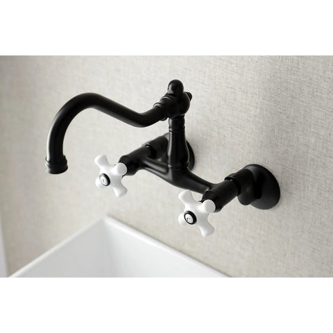 Vintage Center Wall Mount Kitchen Faucet In Matte Black With Adjustable Center Spacing From 3.5 To 8.5 Inches, solid brass