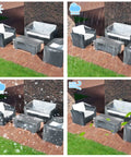 Clear Patio Furniture Covers 4 Piece Set Waterproof Heavy Duty Outdoor Sofa Armchair Love Seat And Table Covers For All Weather Protection Fits 32 x 30 x 30, 52 x 30 x 30, And 36 x 21 x 13 Inch on patio in different weather conditions.