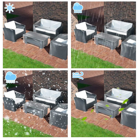 Clear Patio Furniture Covers 4 Piece Set Waterproof Heavy Duty Outdoor Sofa Armchair Love Seat And Table Covers For All Weather Protection Fits 32 x 30 x 30, 52 x 30 x 30, And 36 x 21 x 13 Inch on patio in different weather conditions.