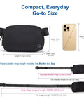 Everywhere Two Way Zipper Fanny Pack Nylon Waist Bag with adjustable strap and dimensions, black color comparison with phone.