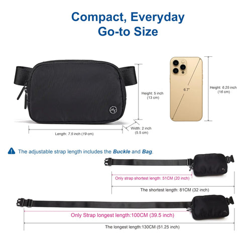 Everywhere Two Way Zipper Fanny Pack Nylon Waist Bag with adjustable strap and dimensions, black color comparison with phone.