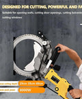 Heavy Duty Beast Mode Brushless Electric Concrete Saw Wall Chaser Ring Cutter With Diamond Blade and Water Fed Dust Suppression Cuts 2M In 3 Min Rips Through Reinforced Concrete And Stone For Any Rig in use, showcasing powerful cutting capabilities.