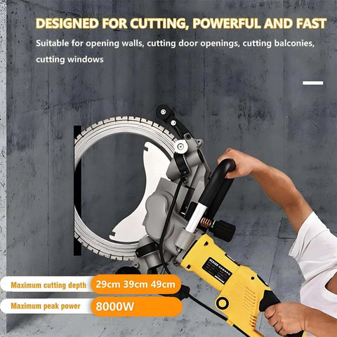 Heavy Duty Beast Mode Brushless Electric Concrete Saw Wall Chaser Ring Cutter With Diamond Blade and Water Fed Dust Suppression Cuts 2M In 3 Min Rips Through Reinforced Concrete And Stone For Any Rig in use, showcasing powerful cutting capabilities.
