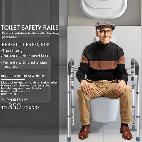 Heavy Duty Toilet Safety Rails Delivering 350 Lbs Weight Capacity With Adjustable Height And Width Bathroom Grab Bars shown assisting a senior.
