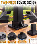 Two-piece cover design on Rock Solid 8 Pack 2X2 Aluminum Square Post Base Flanges with black finish, showcasing installation around the post.