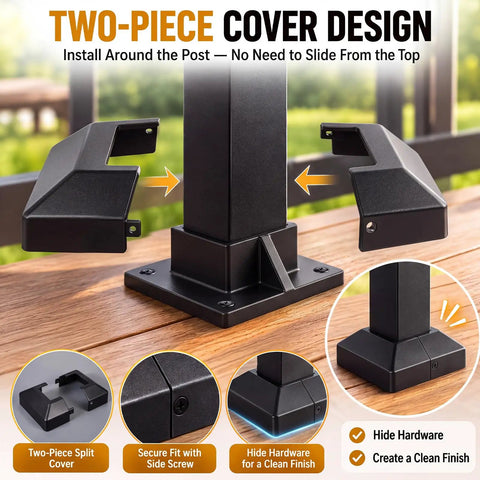Two-piece cover design on Rock Solid 8 Pack 2X2 Aluminum Square Post Base Flanges with black finish, showcasing installation around the post.
