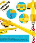 Heavy Duty Workhorse Forklift Jib Boom Hoist with red hooks, showing adjustable arm, dual base mount, and sturdy build.