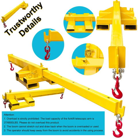 Heavy Duty Workhorse Forklift Jib Boom Hoist with red hooks, showing adjustable arm, dual base mount, and sturdy build.