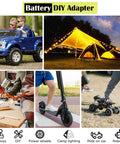 Collage of 18V Battery Adapter for Power Wheel Conversion Kit used in RC toys, DIY projects, camp lighting, scooters, and robotics.