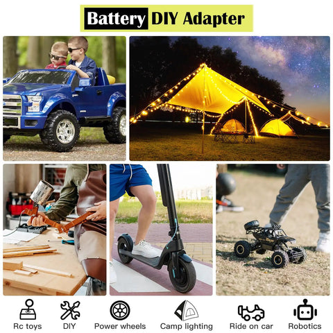 Collage of 18V Battery Adapter for Power Wheel Conversion Kit used in RC toys, DIY projects, camp lighting, scooters, and robotics.