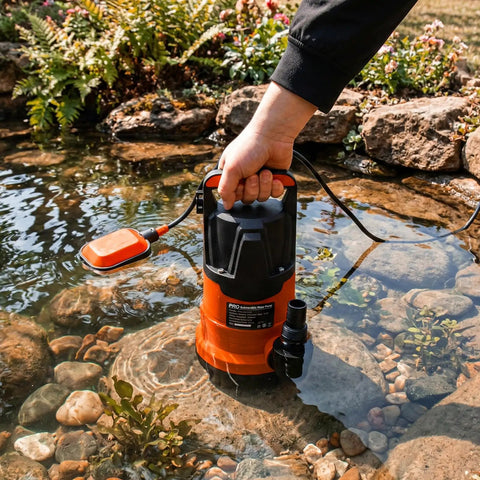 Person holding 1HP Submersible Water Pump With Auto Float Switch 3700GPH High Flow Plus 31ft Lift in water by rocks and plants.
