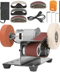 7 Speed Electric Knife Sharpening System With Belt Grinder showing accessories and belt sander parts.