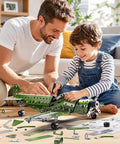 Father and son building Metal Model Airplane Kit For Kids Ages 8 12, STEM Building Toy With 285 Parts And Tools on floor