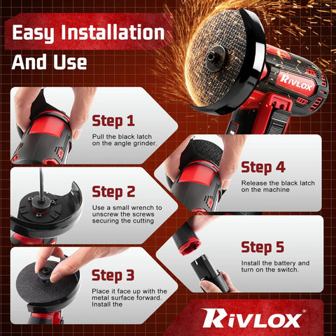Rivlox cordless 3-inch angle grinder kit with two 12V batteries, charger, and five cutting discs (front view)