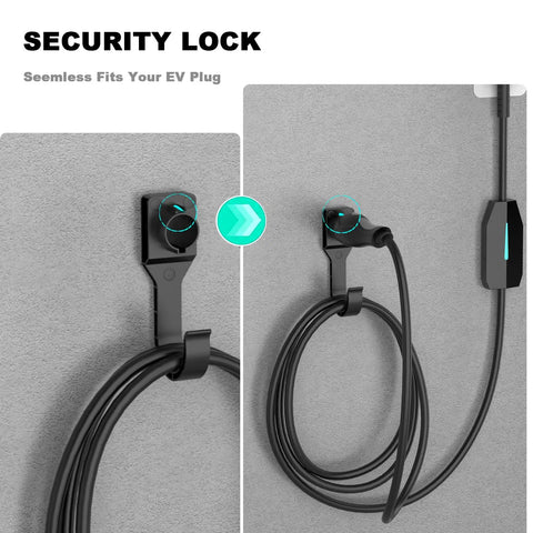 Sturdy Wall Mount EV Charger Holder For SAE J1772 Cables With Locking Hook And Snug Dust Covers, shows cable secured on a wall.