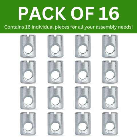 Heavy Duty Replacement Cross Dowel Barrel Nut Sleeves Pack Of 16 For Furniture Fix Ups showing 16 zinc plated metal sleeves.