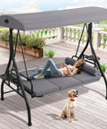Outdoor Three Seat Porch Swing With Canopy And Stand Convertible 2 In 1 Bed Cup Holder Pillow Cushions Grey Patio Swing