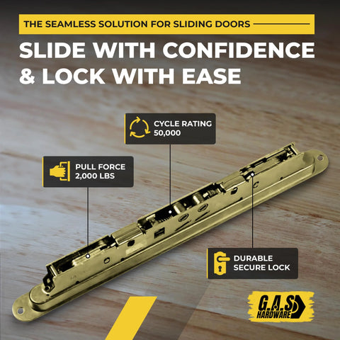 12.5 Inch Dual Point Double Hook Sliding Glass Door Mortise Lock With 3/8 Inch Recessed Plate And 12 Inch Hole Spacing