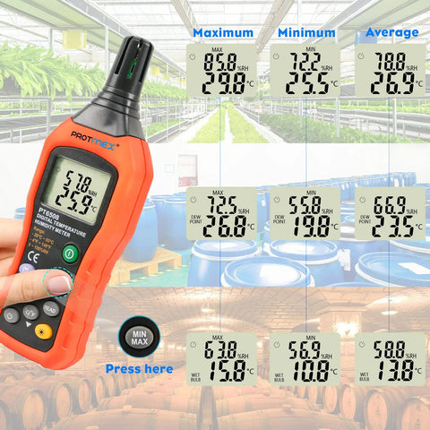 Hand holding PT6508 Digital Temperature Humidity Meter With Ambient Dew Point And Wet Bulb against warehouse backdrop