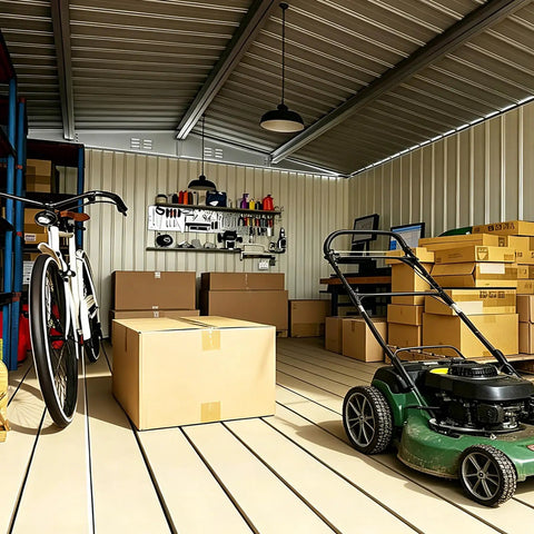 Interior of Heavy Duty 10 By 14 Ft Outdoor Metal Storage Shed With Waterproof Construction Lockable Double Hinged Door, storing lawn mower, bike, boxes, and tools.