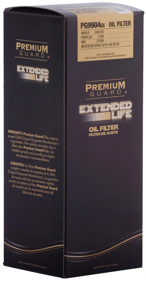 Box of Premium Guard Extended Life Oil Filter for Mercedes-Benz up to 10k miles with 25 micron filtration, fits various models.