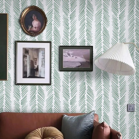 Living room wall with Green Stripe Peel And Stick Wallpaper Self Adhesive Removable Contact Paper For Shelves Drawers And Cabinets DIY Friendly Install No Mess Easy Cut Grid Back 17.7 Inch By 394 Inch Roll Covers Up To Forty Eight Square Feet, adorned with framed art and a lamp.
