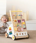 Flat Out Favorite For Little Kiddos With This Wooden Baby Walker Activity Center with colorful modules and wooden wheels.