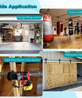 P2750EG Trolley Assembly For Light Duty Electric Hoist Fits 1 5 Eighth Inch Wide Or Taller Strut Channels shown in various applications: garage lifting system, punch sandbag setup, sliding barn doors, and hoist system.
