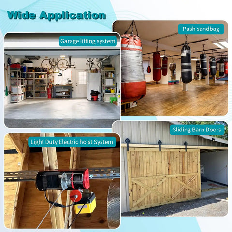 Premium 4 Wheel P2750 Electric Hoist Trolley Roller Assembly, shown in garage lifting system and light duty electric hoist setup.