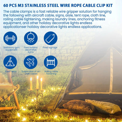 60 Piece M3 Stainless Steel Wire Rope Clip Clamp Set With Thimble And Aluminum Crimping Loop Sleeve For Outdoor Use