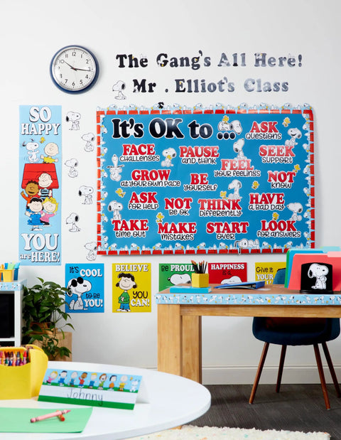 Classroom with Peanuts themed tented nameplates for student desks, 9.5 by 6.5 inches, dual-sided visibility for names.