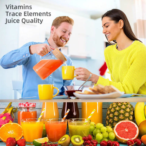 Couple enjoying fresh juice with Masticating Juicer Attachment For Stand Mixers And Cuisinart SM50 Series Slow Cold Press Juicing