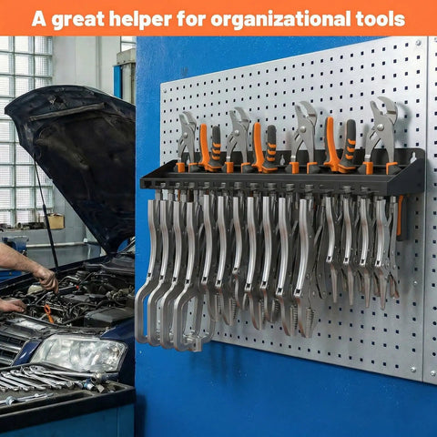 Heavy Duty Metal Plier Organizer And Wall Mount Tool Rack For Garage And Workshop Storage with tools on pegboard
